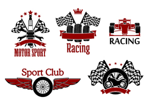Winged wheel, tires with racing flags and motorcycle, open wheel race car and spark plug with crossed spanners and flags on the background symbols for motorsport theme design supplemented with ribbon banners, crown and stars