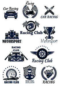 Isolated icons and emblems for racing and motorsport. Cars and racing club, laurel wreath leaves with motorbike and helmet with checkered flag, winner cup or bowl and wheel, speedometer and driver