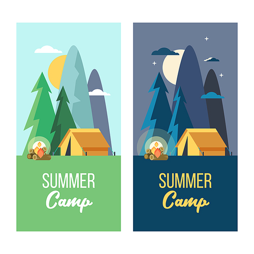 Camping. Vector illustration. Summer holidays in a tent on the nature. Night scenery at the campsite.