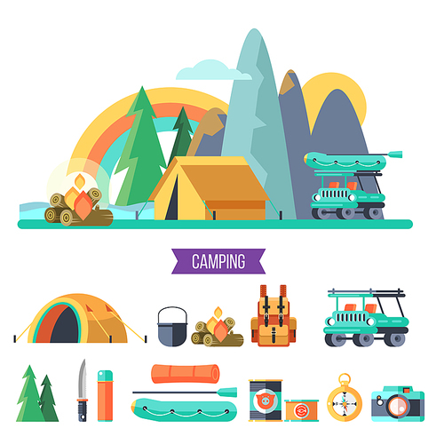 Camping. Vector illustration. Summer holidays in a tent on the nature. A large set of equipment for camping.