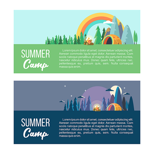 Camping. Vector illustration. Summer holidays in a tent on the nature. Night scenery at the campsite.