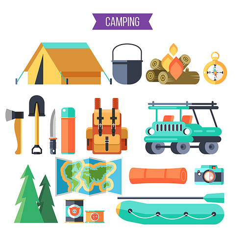 Camping. Vector illustration. Summer holidays in a tent on the nature. A large set of equipment for camping.