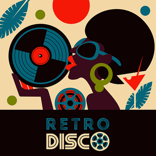 Retro disco party. A colorful poster, a poster in a retro style. Beautiful black girl in sunglasses holding vinyl record.