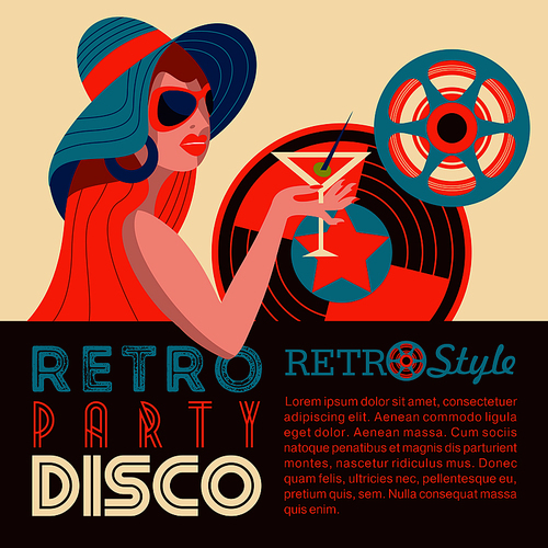 Retro disco party. A colorful poster, a poster in a retro style. A beautiful girl in a hat and sunglasses holds a cocktail.