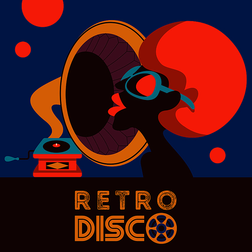 Beautiful black girl in sunglasses and vintage gramophone. Retro disco party. A colorful poster, a poster in a retro style.