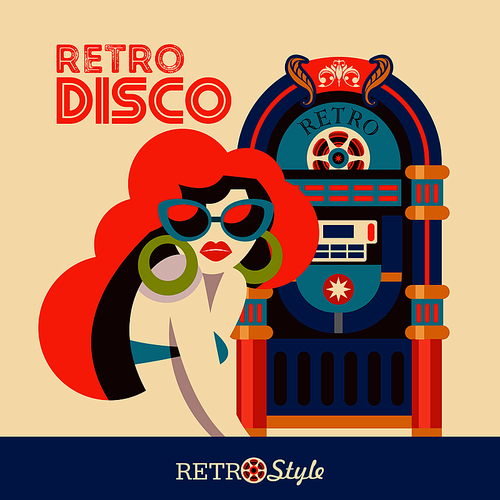 Retro disco party. A colorful poster, a poster in a retro style. Beautiful girl in sunglasses on the background of vintage jukebox.