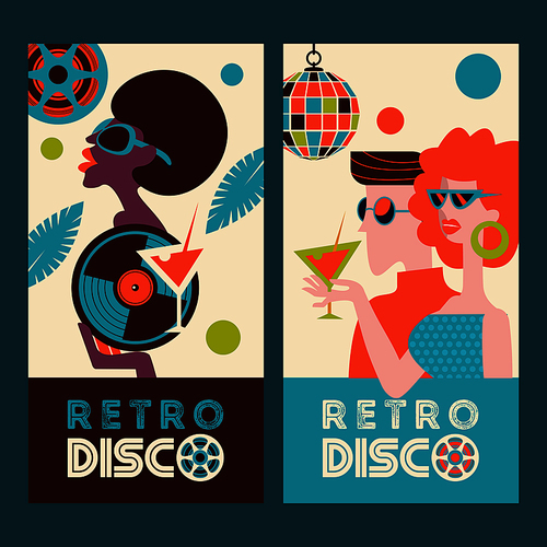 Retro disco party. A colorful poster, a poster in a retro style. Beautiful black girl in sunglasses, vinyl record. Couple guy and girl at the disco.