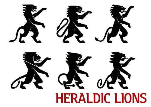 Medieval heraldic  symbols with black silhouettes of standing s with raised forepaws. Heraldry theme, coat of arms or vintage embellishment design