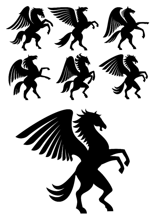 mythical gorgeous winged pegasus black horses with open wings. heraldry, coat of arms, equestrian sport symbols or  design usage