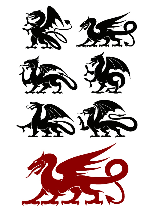 medieval heraldic dragons black and red icons of powerful mythical beast with open wings and curved tails. use as heraldic symbol,  or mascot design