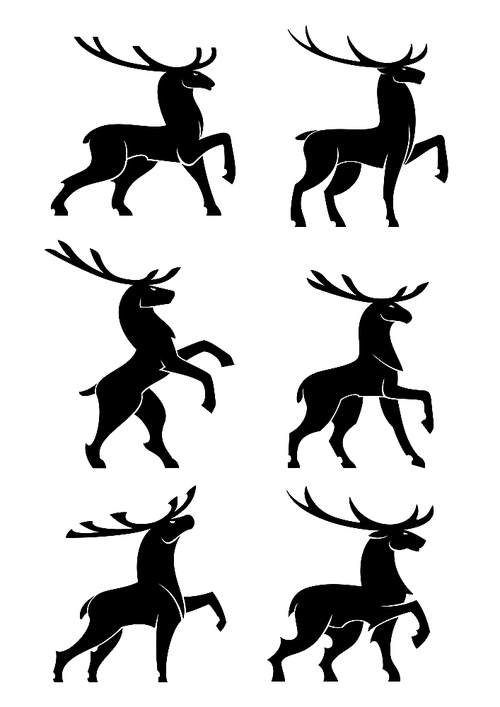Black silhouettes of wild forest bull elks or deers with large branching antlers posing during rut. Wildlife mascot, hunting symbol or t-shirt  design usage