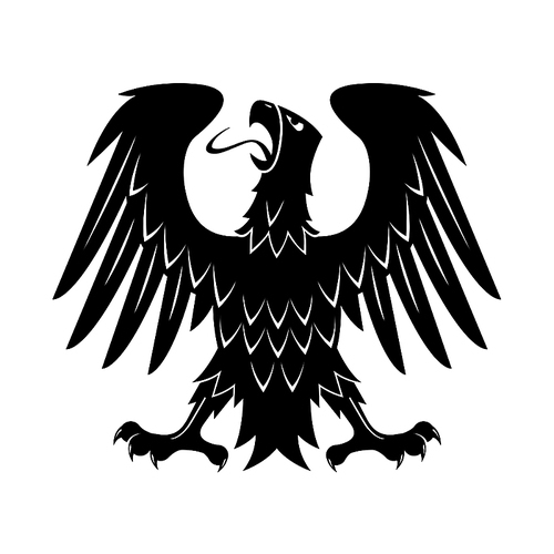 Black heraldic silhouette of medieval eagle with raised wings, outstretched legs and turned head. May be use as heraldry theme, eagle displayed  heraldic symbol or t-shirt  design