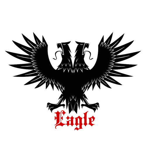 royal double headed black heraldic eagle symbol with outstretched legs and wings with medieval stylized pointed feathers and caption eagle below. may be use as , t-shirt or coat of arms design