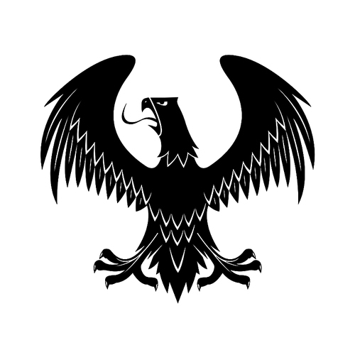 Medieval black eagle heraldic icon for royal coat of arms or knight insignia design usage with proud bird of prey with open beak, extended legs and wings