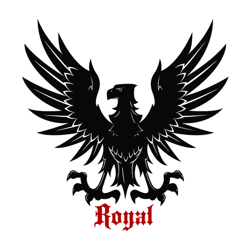 Black eagle royal heraldic symbol with medieval stylized bird floating in the air with wings spread and outstretched talons ready to catch prey