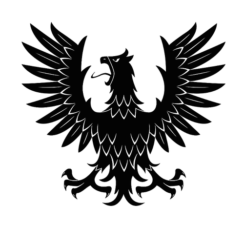 black heraldic bird symbol for medieval stylized coat of arms or  design usage with silhouette of screaming eagle in aggressive posture with raised wings