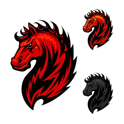 Fire horse or devil stallion symbol with head of an angry horse with orange and red flaming mane. For sport team mascot or t-shirt  design
