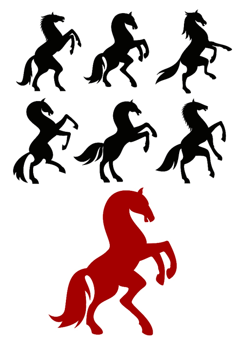 Red and black silhouettes of rearing up and prancing horses. May be use as equestrian club badge or heraldic crest design