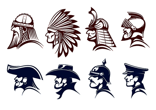Pirate and cowboy, viking warrior and native american indian, medieval knight and japanese samurai, general of prussian army and german soldier icons with blue and brown profiles of brave men
