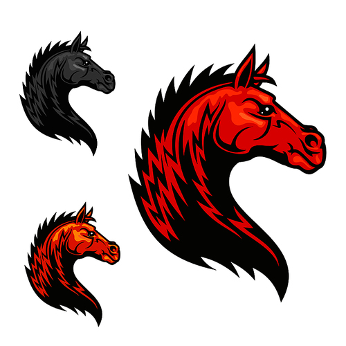 Powerful tribal stallion cartoon symbol for motorsport theme or equestrian club badge design with red horse profile with wavy fur and mane like fire flames