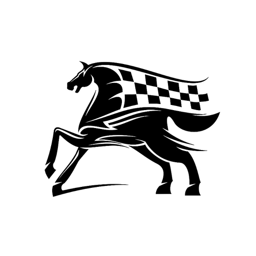Speed and power racehorse pawing foreleg black silhouette with flowing mane and tail in a shape of race flag ornated by tribal ornamental elements. Use as motorsport badge or equestrian theme design