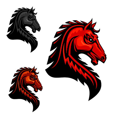 fiery orange horse head icon with tribal stylized spiky mane hairs. for equestrian sport, t-shirt ,  or team mascot design