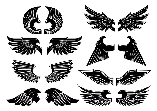heraldic angel wings icons with isolated black wings of fallen angels with spiky and curved feathers. heraldry,  or jewelery design