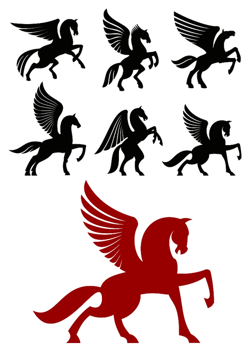 Pegasus horses silhouettes of prancing and rearing up winged horses with raised and folded wings. Heraldic theme or t-shirt  design
