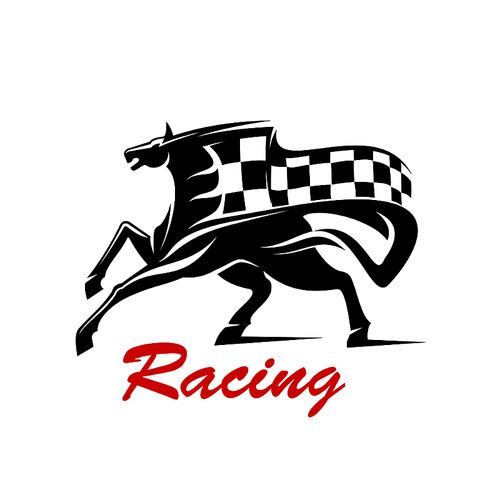 racing icon for motorsport badge or  design usage with galloping horse with flying black and white racing flag above