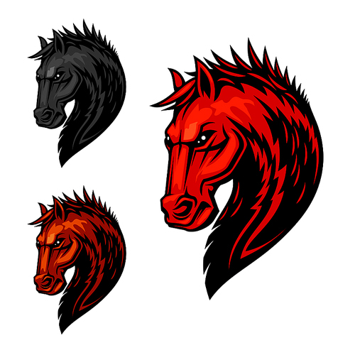 Flaming horse head symbol of dreadful stallion with orange fur and mane with pattern of fire flames. Equestrian sport competition, mascot or t-shirt  design