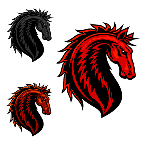 Wild mustang horse mascot with fiery red spiky mane and curved neck. Equestrian sporting symbol, horse racing or sports team mascot design
