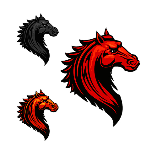 Angry mad horse icon in fiery red, orange and grey colour variations. Flaming wild mustang, decorated by tribal ornament. Horse racing symbol or t-shirt  design