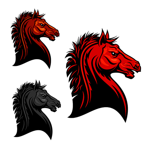 Aggressive mustang horse mascot with tribal stylized fiery red stallion with angry stare. Use as sporting club mascot or t-shirt  design