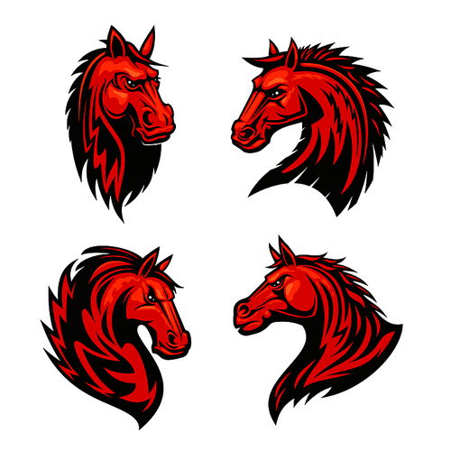 fire horses symbols of aggressive and powerful stallions with fiery red tribal pattern of flaming manes. horse racing mascot or  design