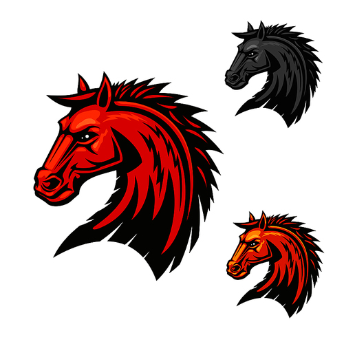 horse stallion head icons. stallion with red mane vector emblems. bronco, mustang heraldic symbol for sport club, team shield, icon, badge, label,