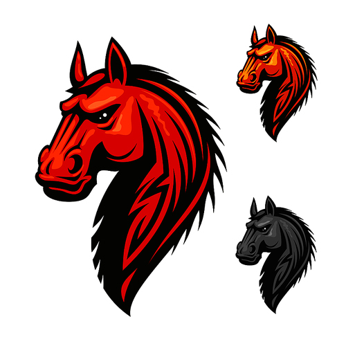 horse stallion head vector icon. red, yellow, gray isolated horses with mane. vector emblem for chess, sport club team shield, badge, label, .