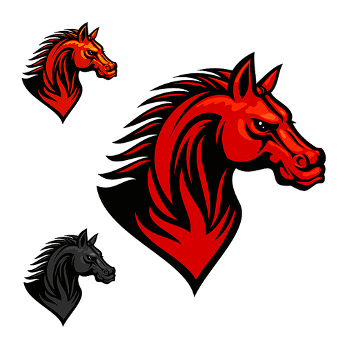 horse stallion head. red, yellow, gray horses with mane. vector sketch artwork. icon for chess or sport club emblem, team shield, icon, badge, label and