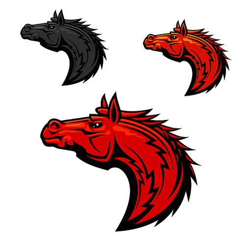 horse stallion head emblems set. red, yellow, gray horses graphic mascot. vector icons for chess or sport club emblem, team shield, icon, badge, label and .