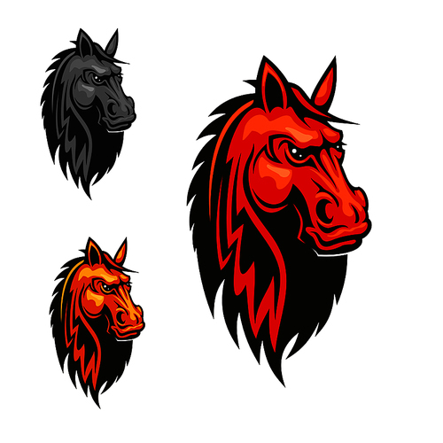 horse stallion head heraldic emblem. red, yellow, gray horses with mane. vector icons for sport club emblem, team shield, badge, label,