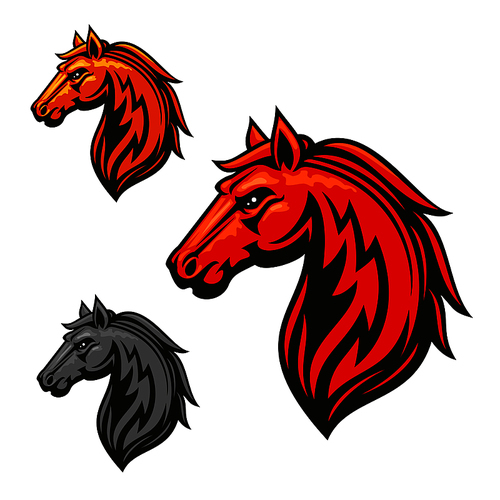 fire horse stallion heraldic emblems. red, yellow, gray horses vector icons for chess or sport club, team shield, icon, badge, label,