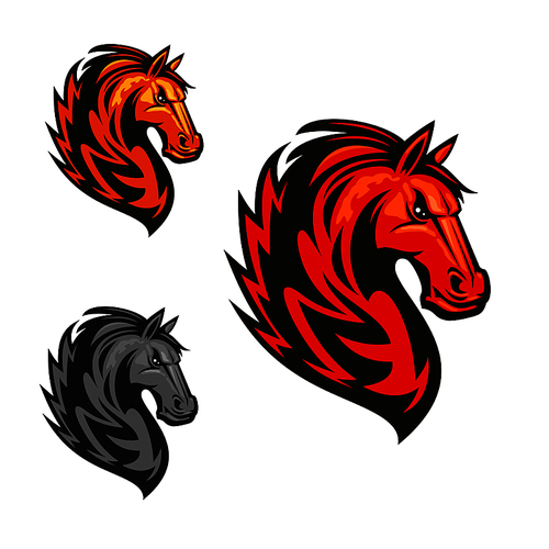 furious and proud horse stallion emblem. red, yellow, gray mustang heads with fire burning mane. vector heraldry icon for sport club emblem, team shield, badge, label,