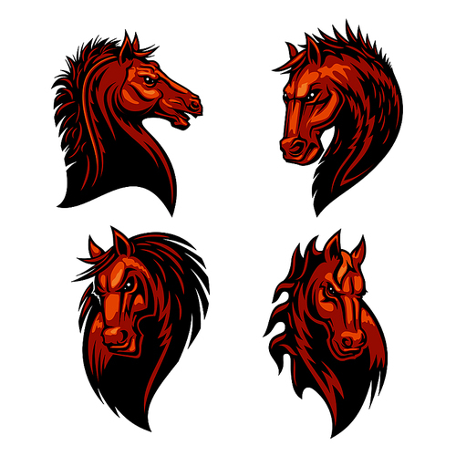 furious horse head heraldic icons set in fire shape. raging stallion vector heraldry emblems. mustang shield symbol for sport club emblem, team badge, label and