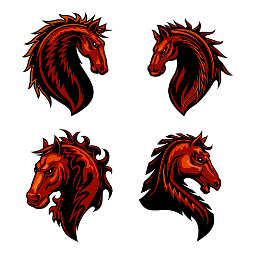 Fire horse head mascot with brown wild mustang stallion, adorned by ornaments of curly fire flames. Sporting team or club symbol design