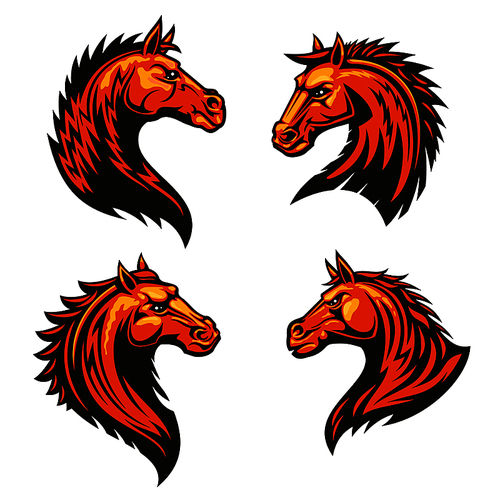 Tribal flaming horse head mascots of angry stallion horse with spiky brown coat and mane. Sporting team or club symbol, t-shirt  design