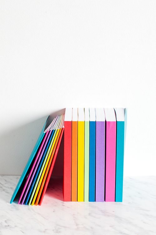 Colorful books are outlined in the colors of the rainbow. Stacked of the books on a shelf near the white wall