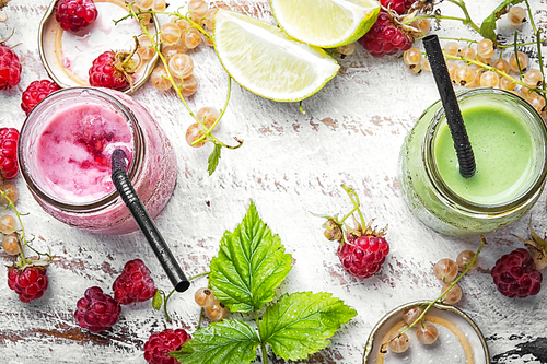 fruit dessert, yogurt with raspberry and currant berries.Healthy food