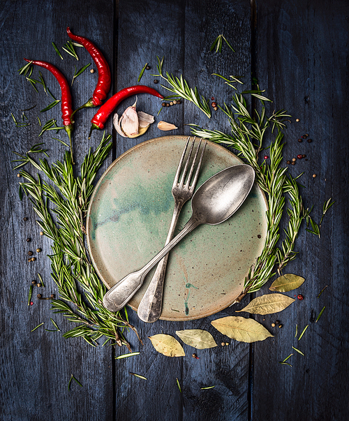 Spoon and Fork on plate with herbs and spices frame on dark blue wooden table, top view