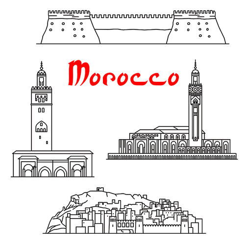 Historic landmarks, sightseeings and buildings of Morocco. Vector thin line icons of Koutoubia Mosque, Ait Ben Haddou, Hassan II Mosque, Agadir Kasbah fortress for souvenir decoration