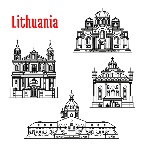 Historic architecture landmarks, sightseeings, famous showplaces of Lithuania. Vector thin line icons of Kaunas Cathedral Basilica, Church of St. Michael Archangel, St. Francis and St. Bernard, St. Peter and St. Paul for souvenir decoration elements