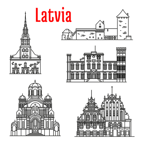 Historic architecture landmarks, sightseeings, famous showplaces of Latvia. Vector thin line icons of St. Peter Church, Turaida Castle, Birini Palace, Nativity of Christ Cathedral, House of Blackheads for souvenir decoration elements